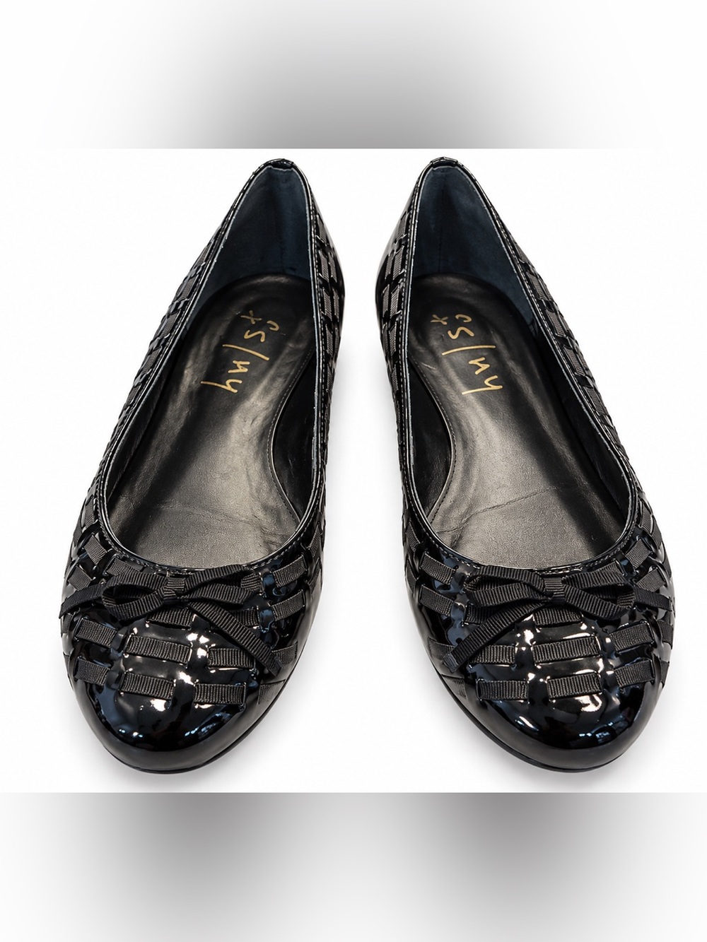 FS/NY Black Patent Ballet Flats Size 5 Woven Ribbon Bow Comfort Slip On Shoes